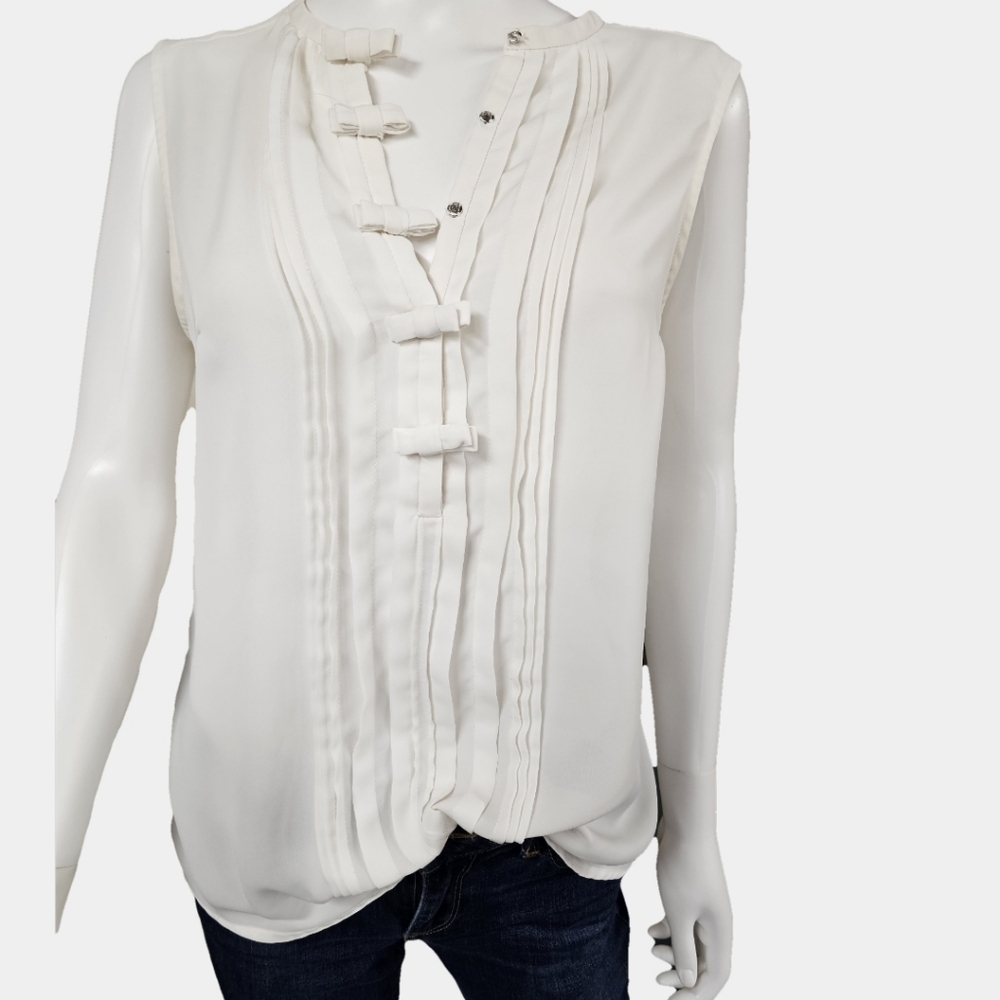 Lauren Conrad Sleeveless Pintuck Bow Accent V-Neck Pleated Tunic Size M